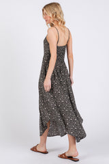 Black Floral Cinched Front Tie Midi Dress