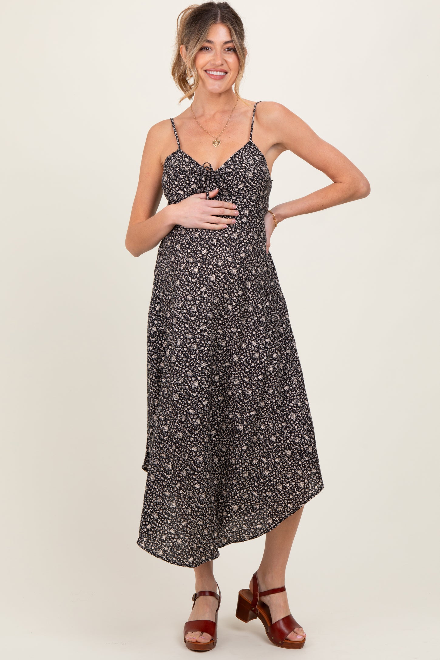 Black Floral Cinched Front Tie Maternity Midi Dress