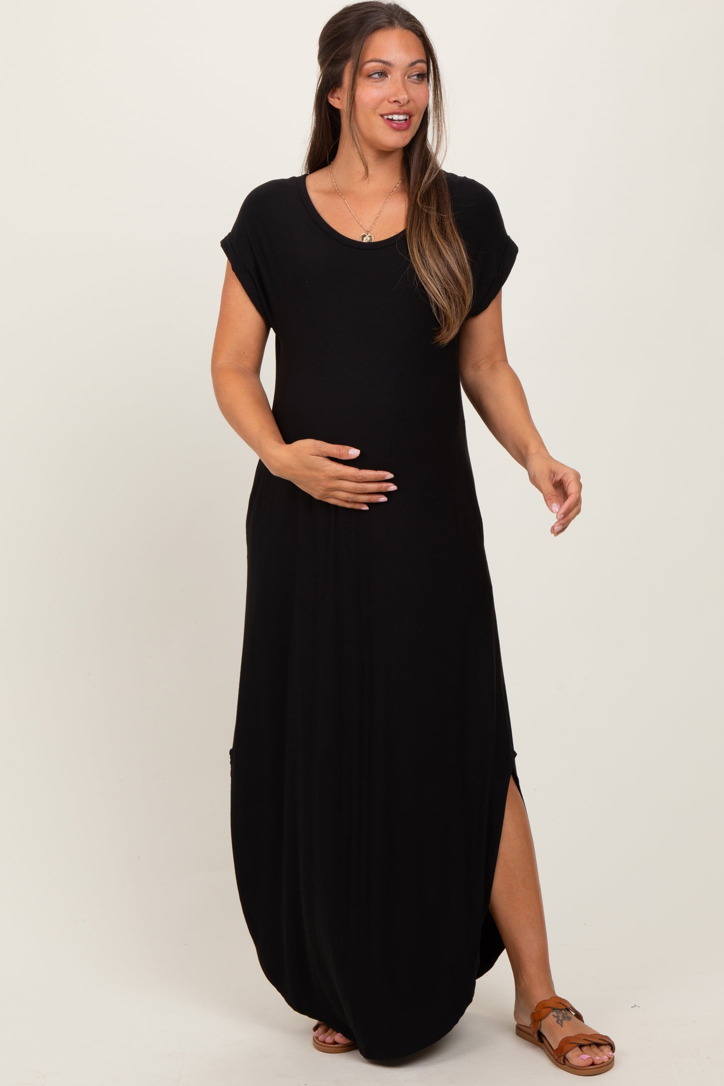 Black Round Hem Side Slit Maternity Maxi Dress