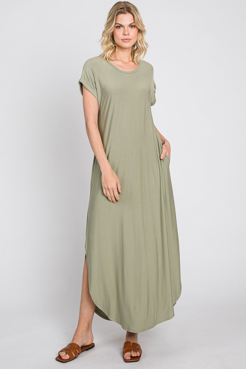 Light Olive Round Hem Side Slit Maxi Dress