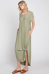 Light Olive Round Hem Side Slit Maxi Dress