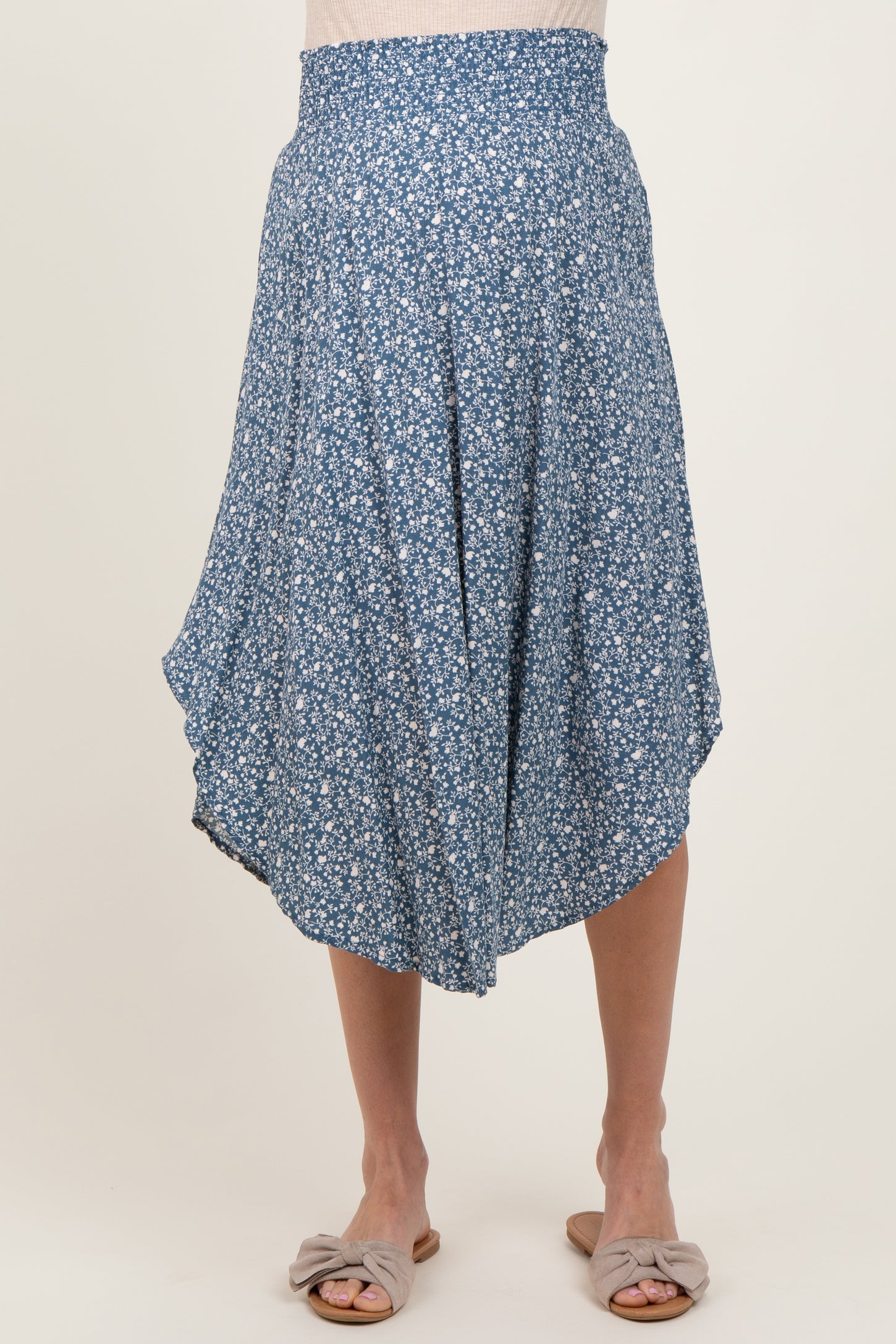 Blue Floral Smocked Waist Maternity Midi Skirt