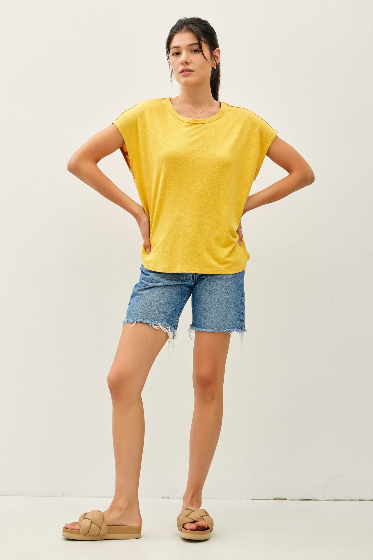 Yellow Linen Blend Short Sleeve Tee
