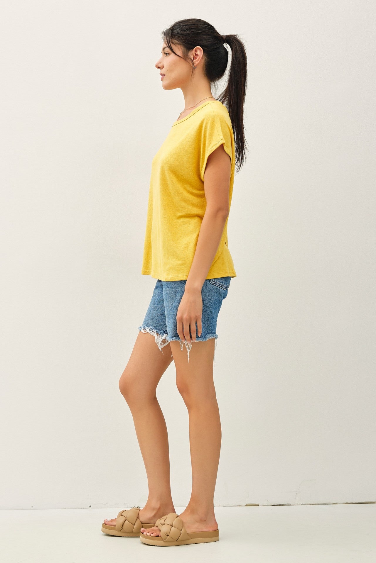 Yellow Linen Blend Short Sleeve Tee