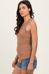 Camel Ribbed Basic Crew Neck Tank