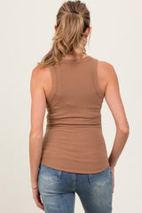 Camel Ribbed Basic Crew Neck Maternity Tank