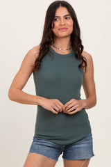 Olive Ribbed Basic Crew Neck Maternity Tank
