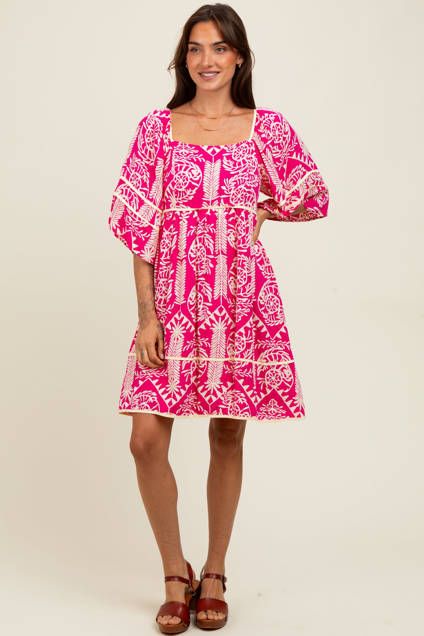 Fuchsia Printed Tie Back Contrast Trim Dress