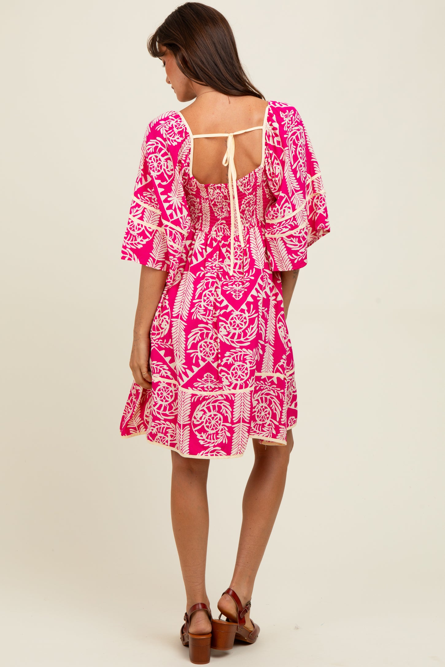 Fuchsia Printed Tie Back Contrast Trim Dress
