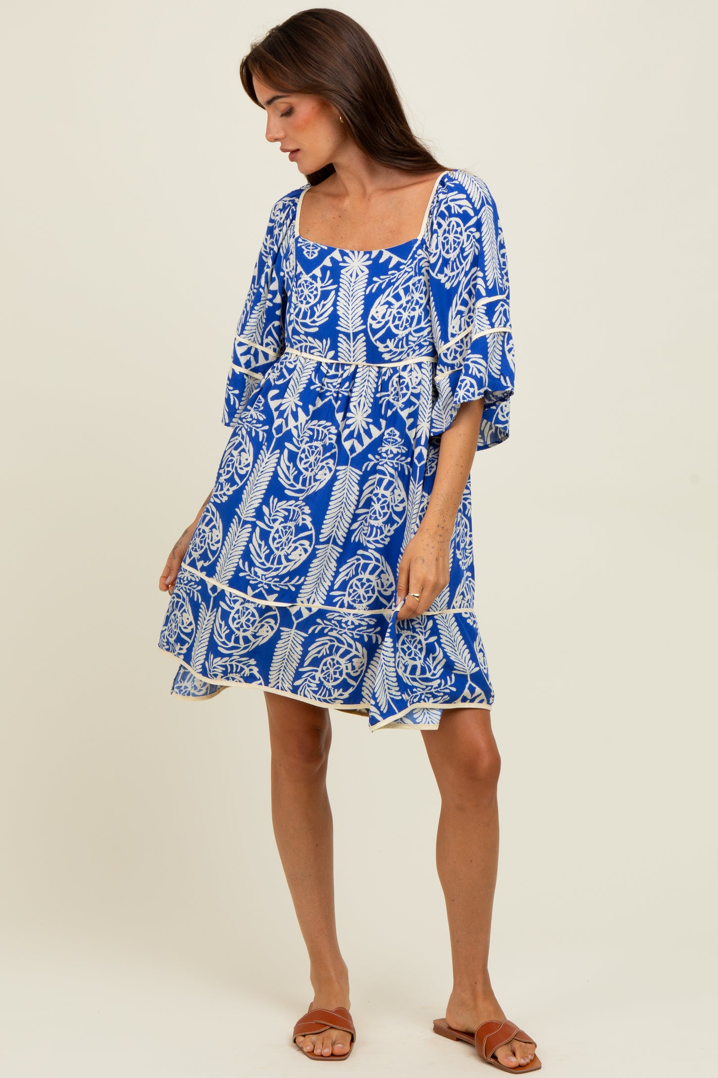 Royal Blue Printed Tie Back Contrast Trim Dress