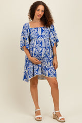 Royal Blue Printed Tie Back Contrast Trim Maternity Dress