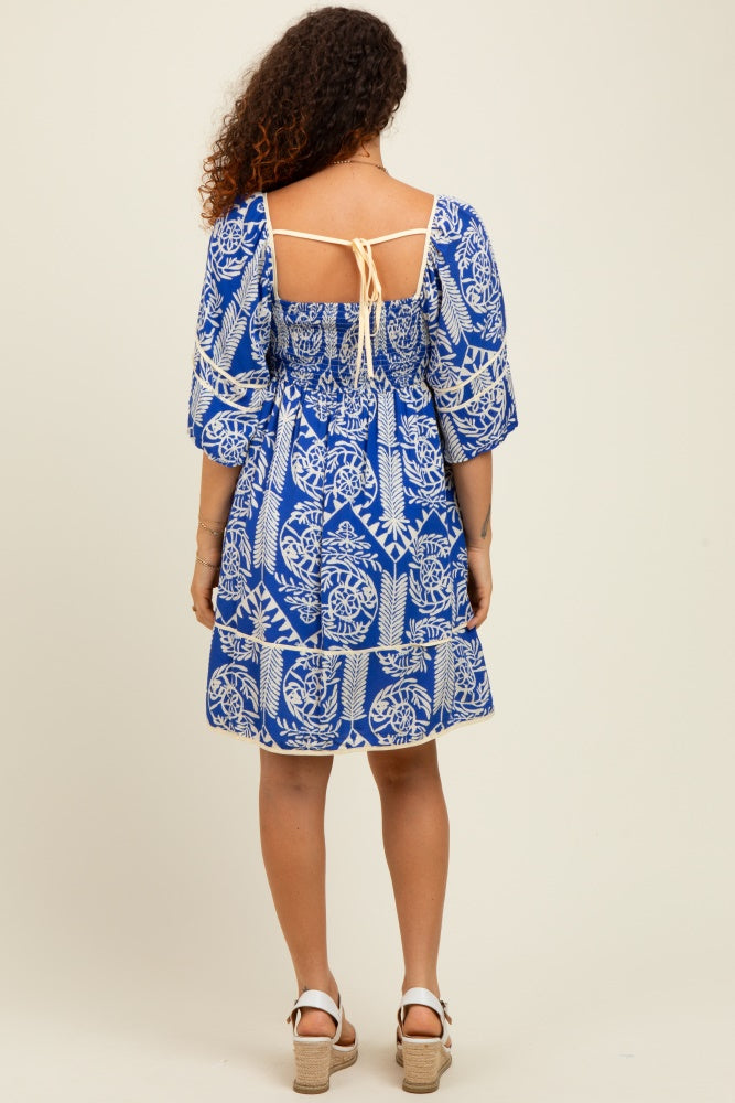 Royal Blue Printed Tie Back Contrast Trim Maternity Dress