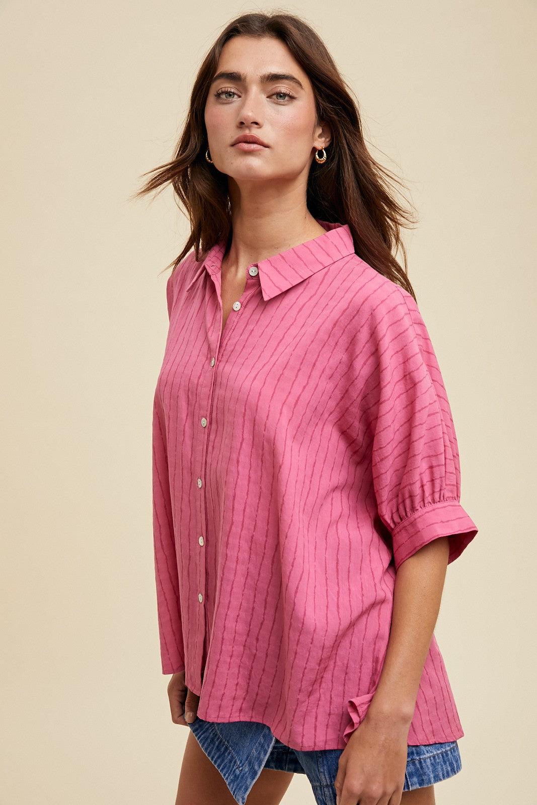 Fuchsia Striped Drop Shoulder Button Down Blouse