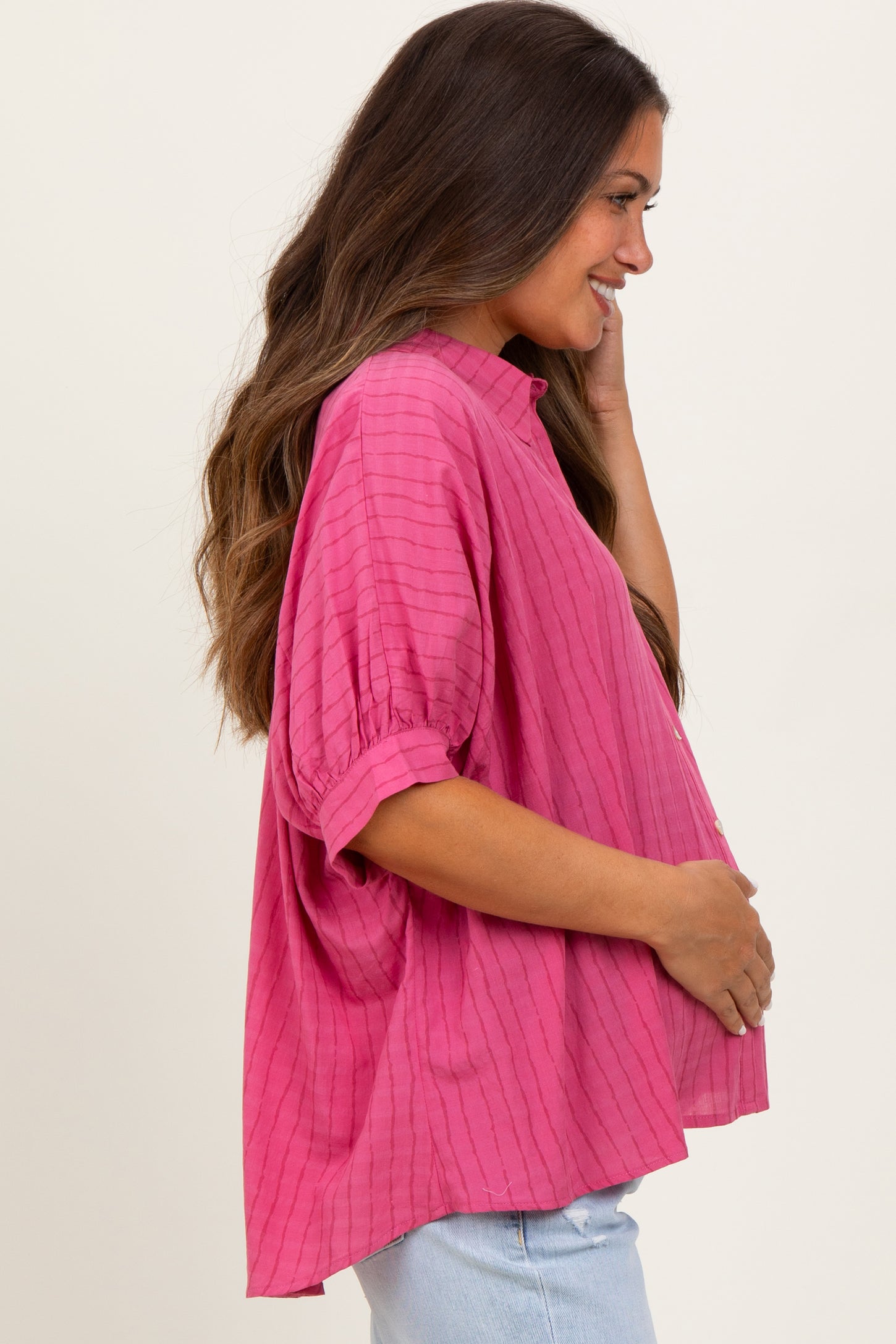Fuchsia Striped Drop Shoulder Button Down Maternity Blouse