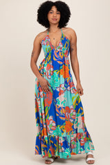 Royal Blue Floral Halter Cutout Tie Back Maxi Dress