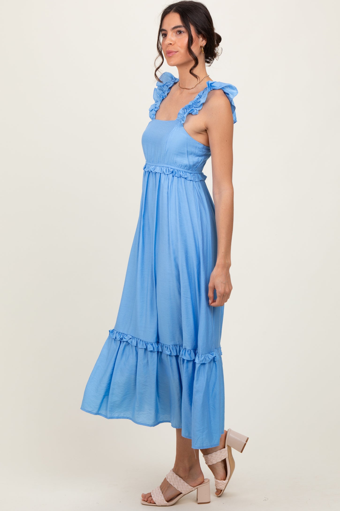 Blue Ruffle Strap Square Neck Midi Dress