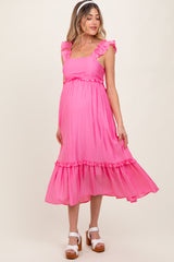 Pink Ruffle Strap Square Neck Maternity Midi Dress