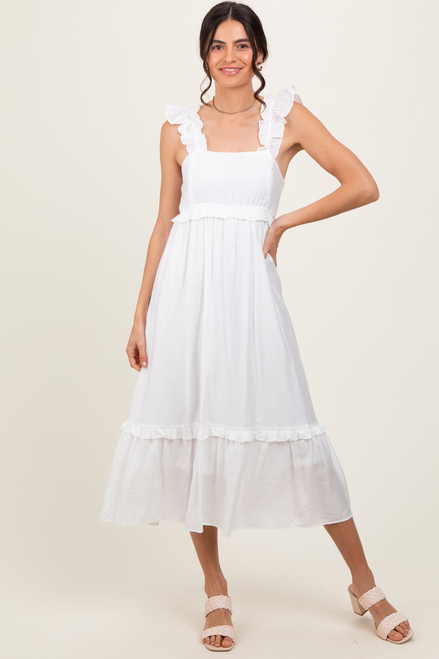 White Ruffle Strap Square Neck Midi Dress