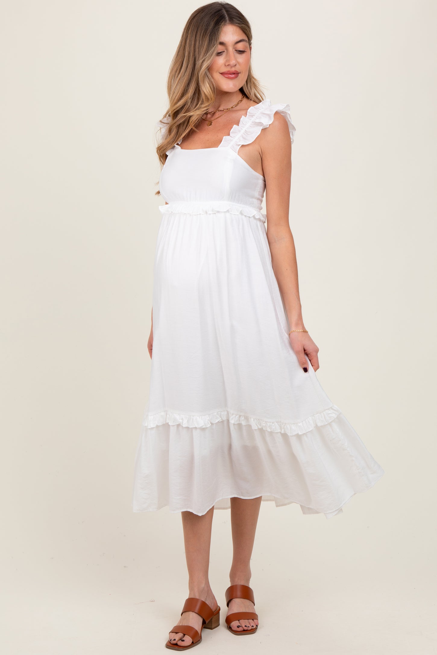 White Ruffle Strap Square Neck Maternity Midi Dress