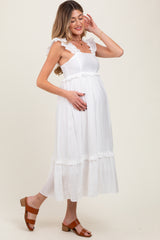 White Ruffle Strap Square Neck Maternity Midi Dress