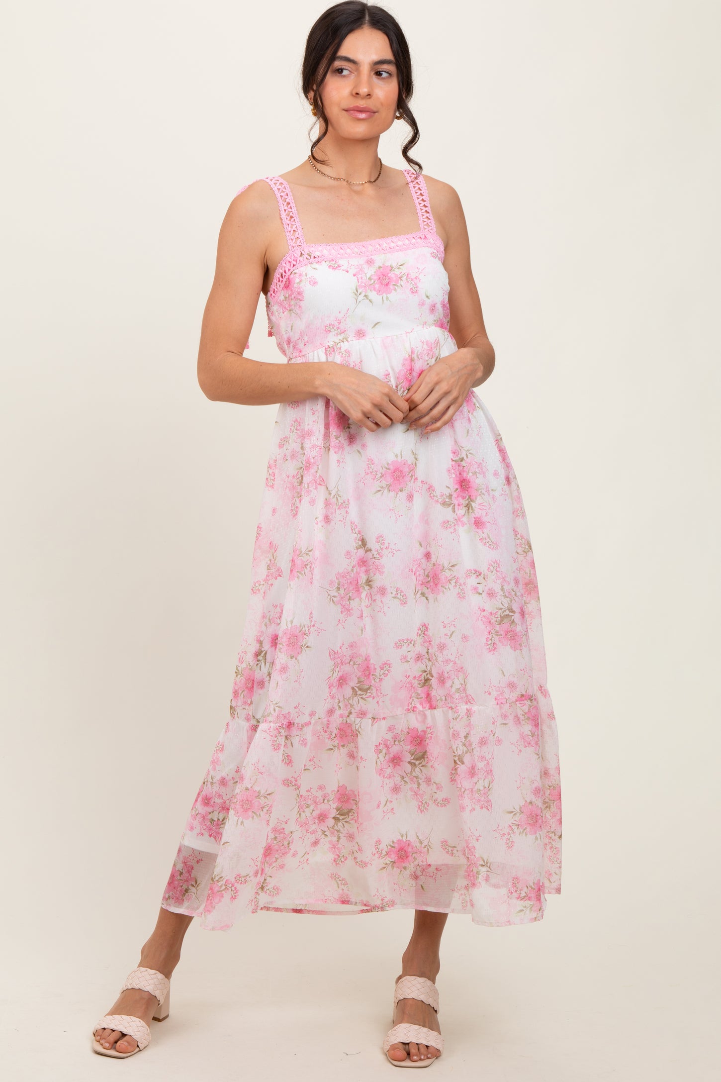Pink Floral Chiffon Overlay Lace Shoulder Tie Midi Dress