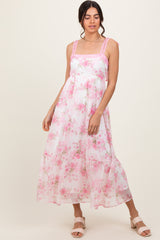 Pink Floral Chiffon Overlay Lace Shoulder Tie Midi Dress
