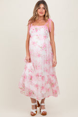 Pink Floral Chiffon Overlay Lace Shoulder Tie Maternity Midi Dress