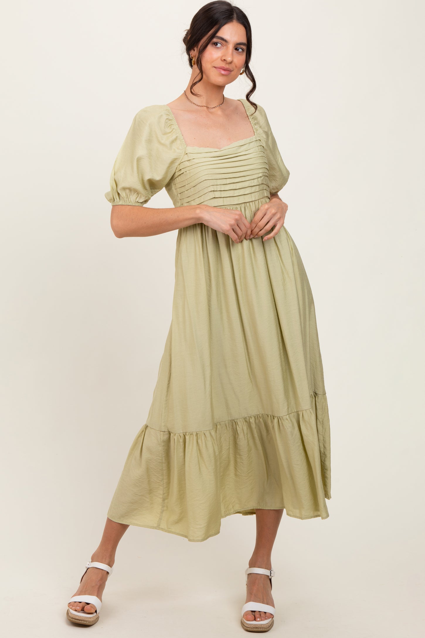 Mint Pleated Bodice Puff Sleeve Midi Dress