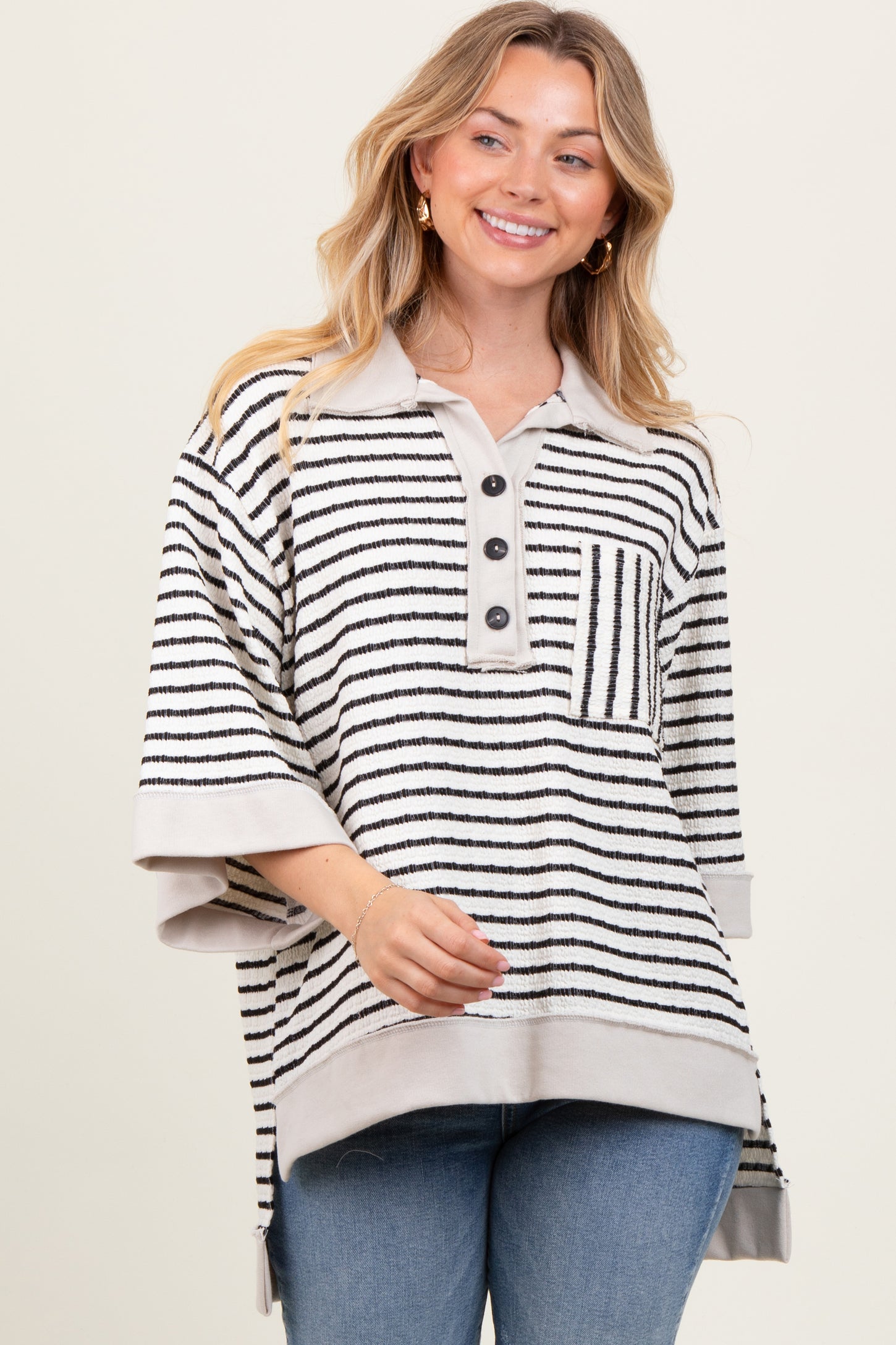 Cream/Black Stripe Button Down Tunic Top