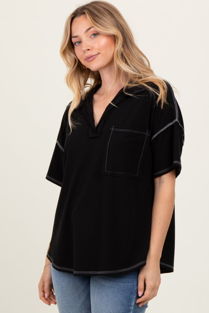 Black Solid Ribbed Collar V-Neck Tunic Top