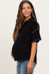Black Solid Ribbed Collar V-Neck Maternity Tunic Top
