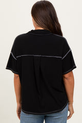 Black Solid Ribbed Collar V-Neck Maternity Tunic Top