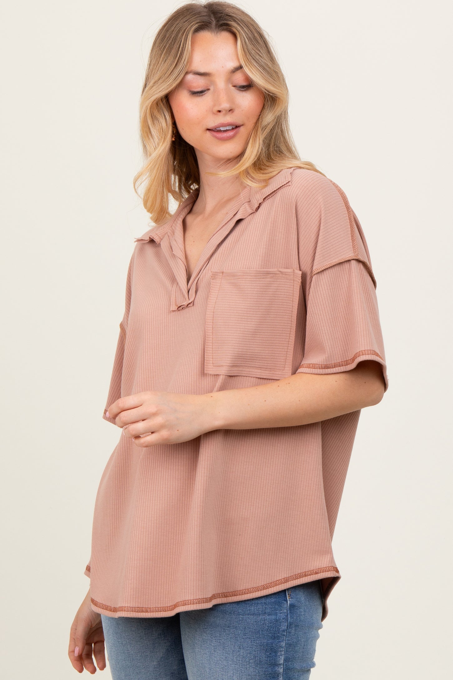 Beige Solid Ribbed Collar V-Neck Tunic Top