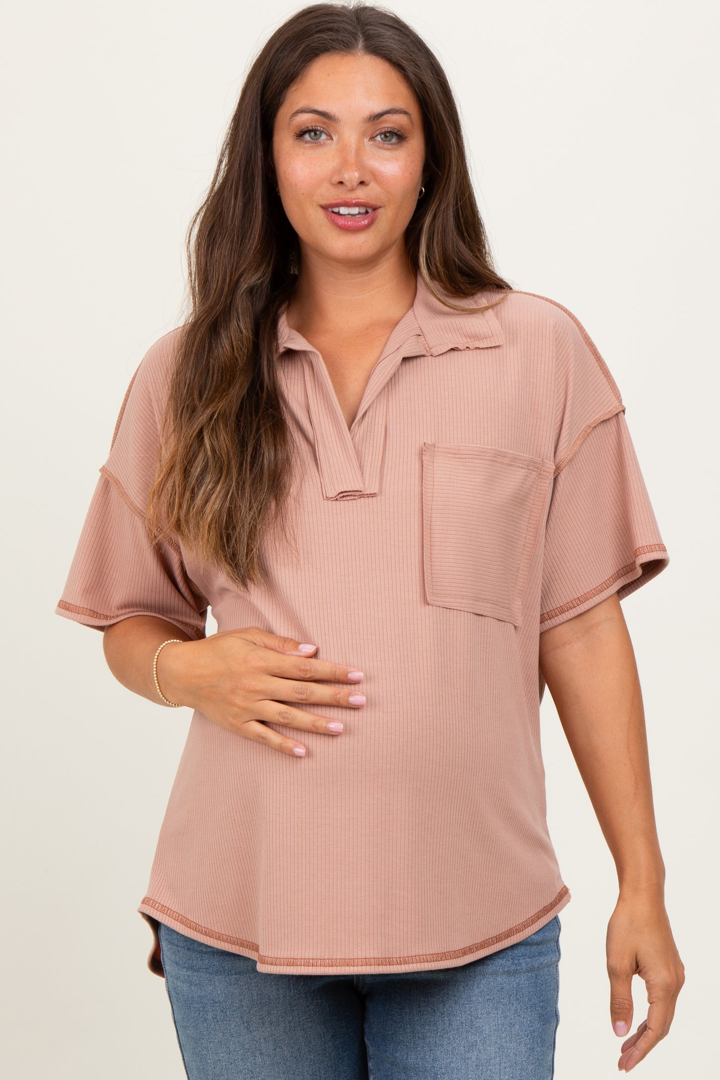 Beige Solid Ribbed Collar V-Neck Maternity Tunic Top