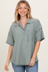 Olive Solid Ribbed Collar V-Neck Tunic Top