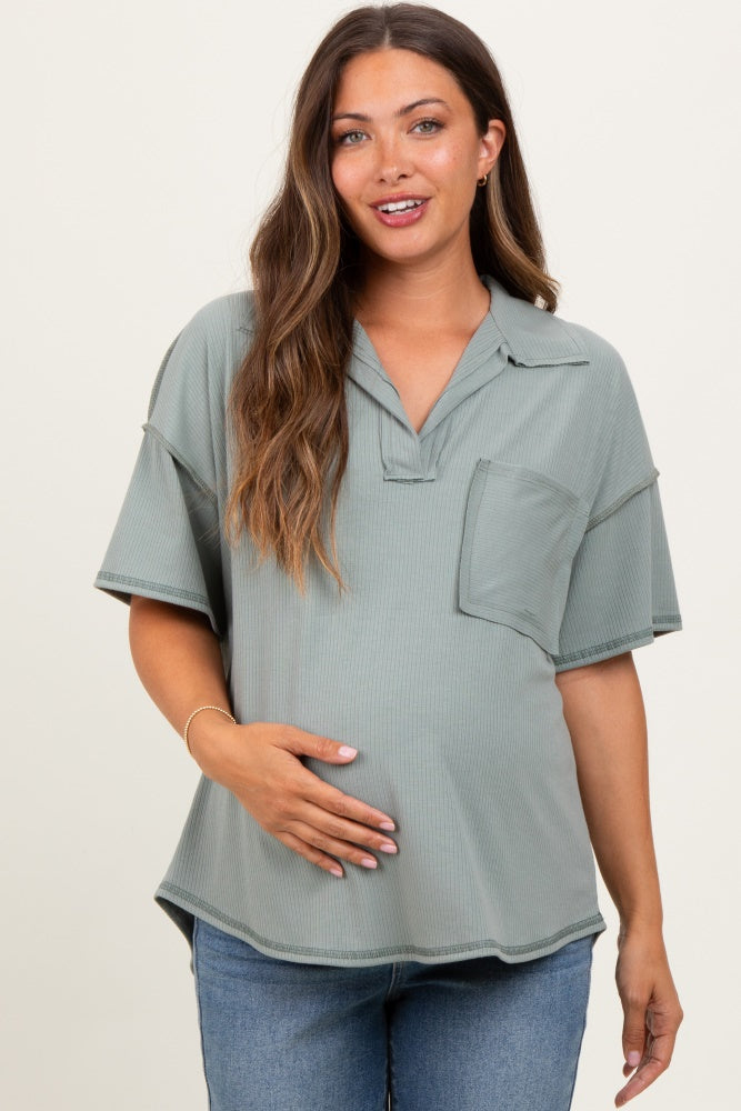 Olive Solid Ribbed Collar V-Neck Maternity Tunic Top