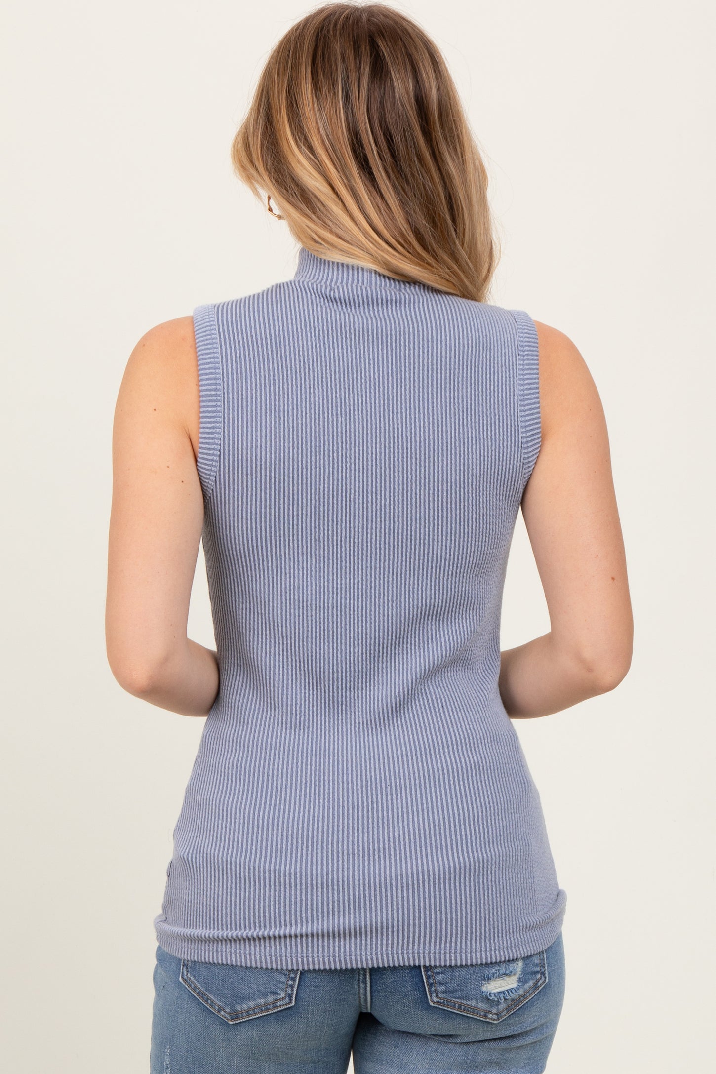 Charcoal Striped Ribbed Mock Neck Sleeveless Top
