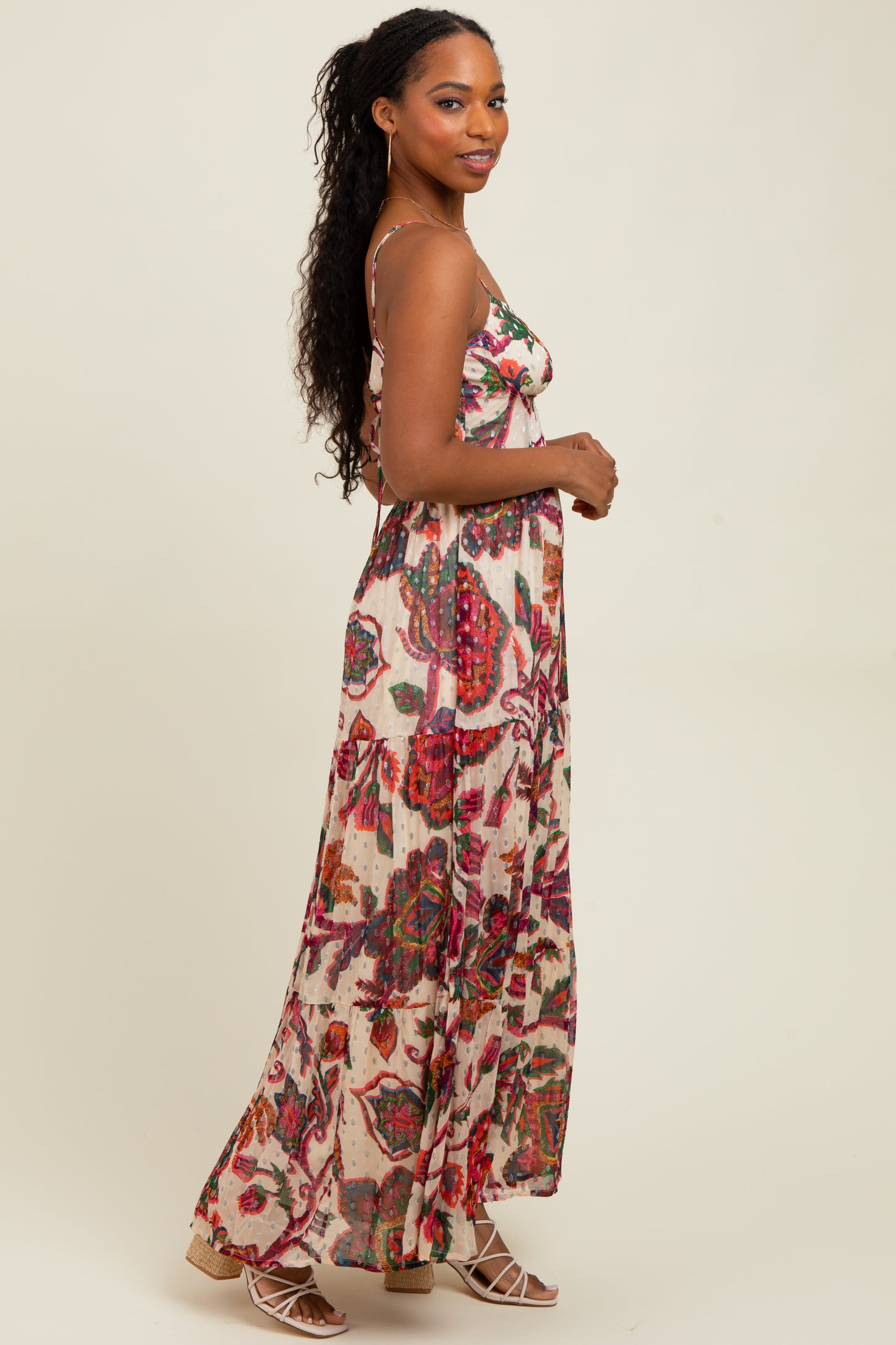 Cream Floral Back Cutout Tie Back Maxi Dress
