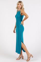 Teal Ribbed Side Slit Tank Dress