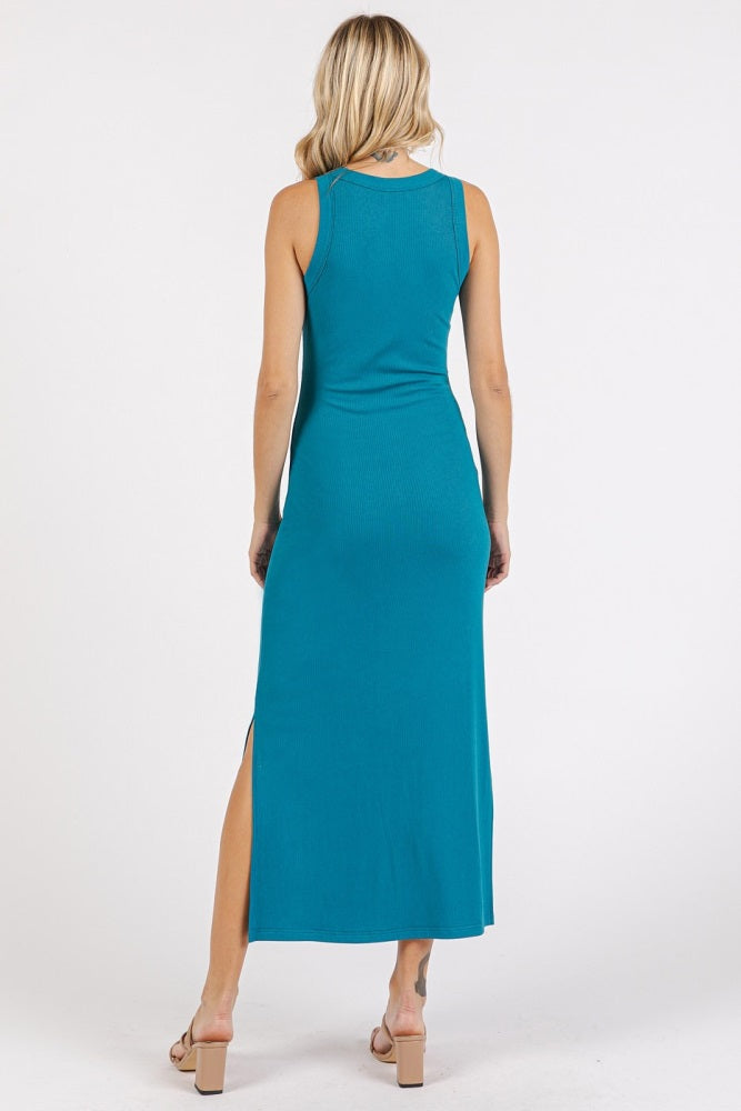 Teal Ribbed Side Slit Tank Dress