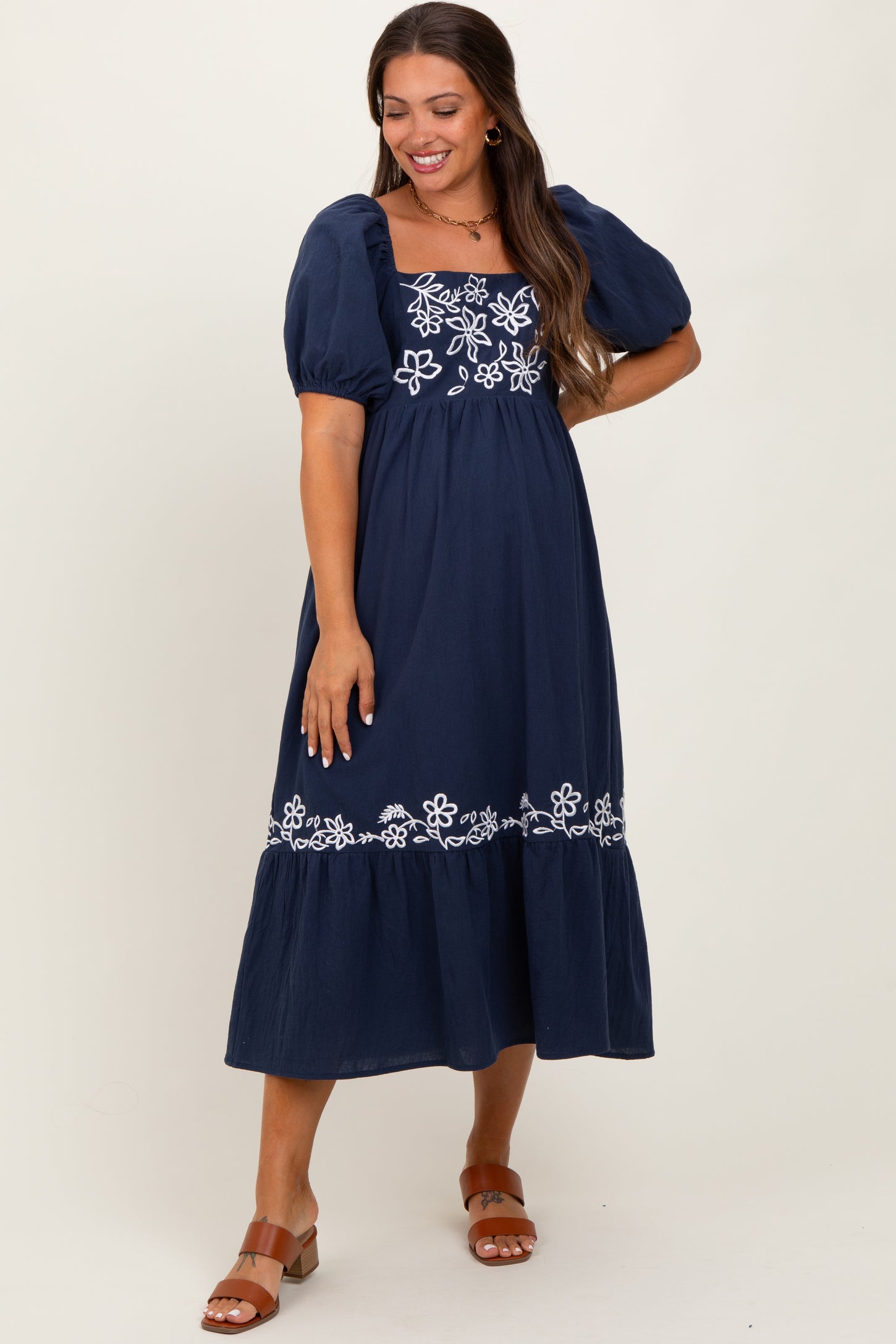 Navy Embroidered Floral Square Neck Maternity Maxi Dress