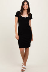 Black Ribbed Knit Short Sleeve Dress