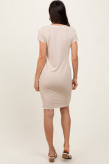 Beige Ribbed Knit Short Sleeve Dress