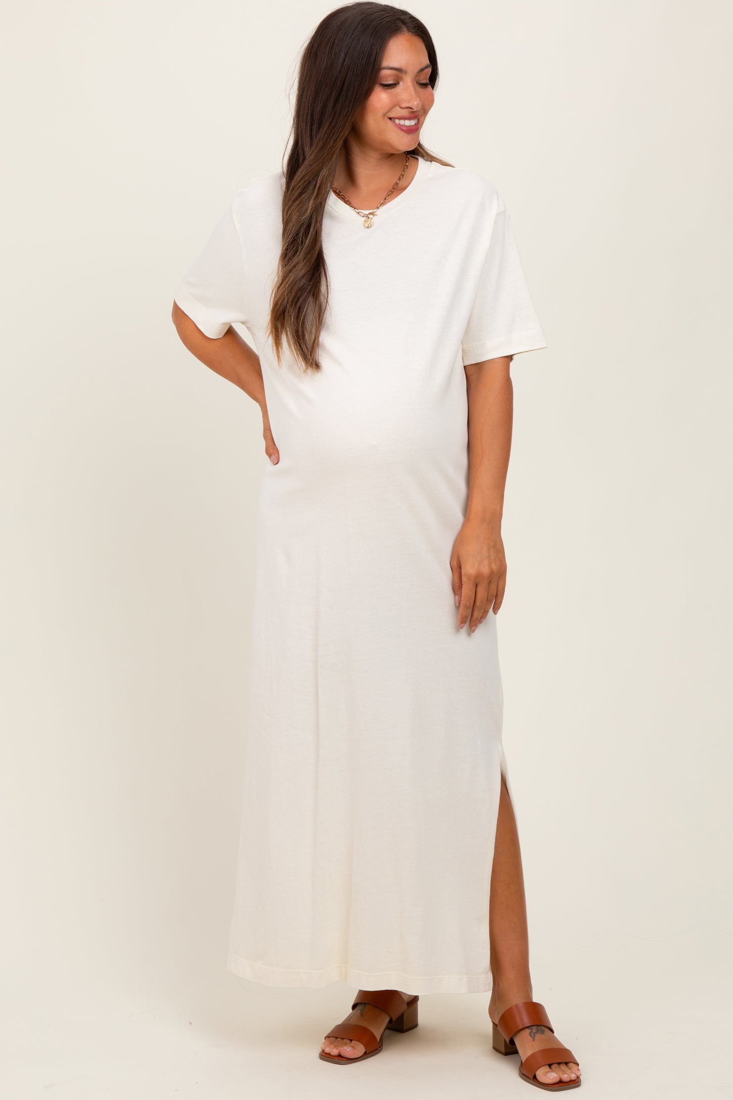 Cream Short Sleeve Knit T-Shirt Maternity Maxi Dress