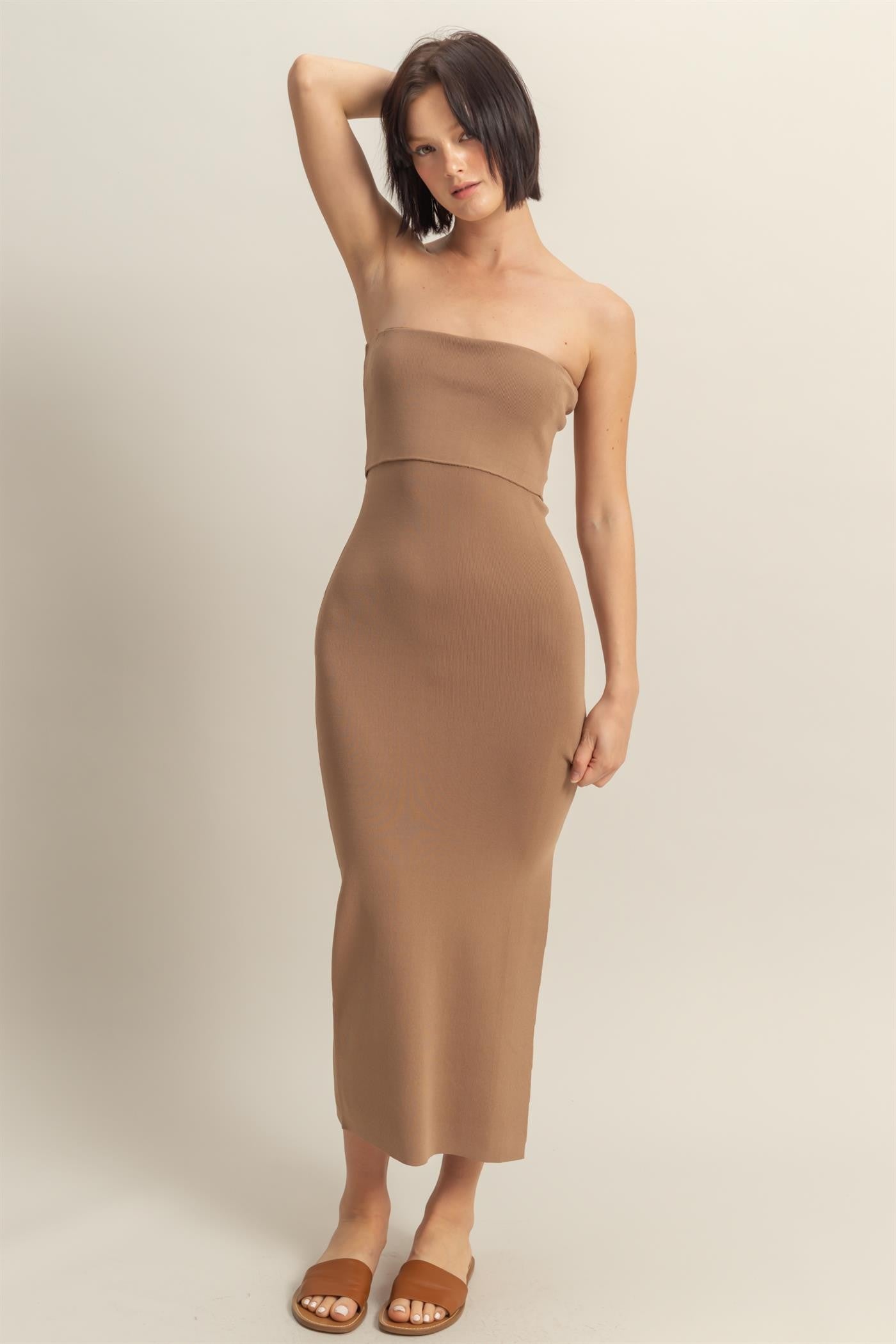 Taupe Strapless Fitted Maxi Dress