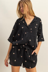 Black Floral Embroidered Top And Shorts Maternity Set