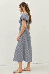 Navy Textured Plaid Pen Back Midi Dress