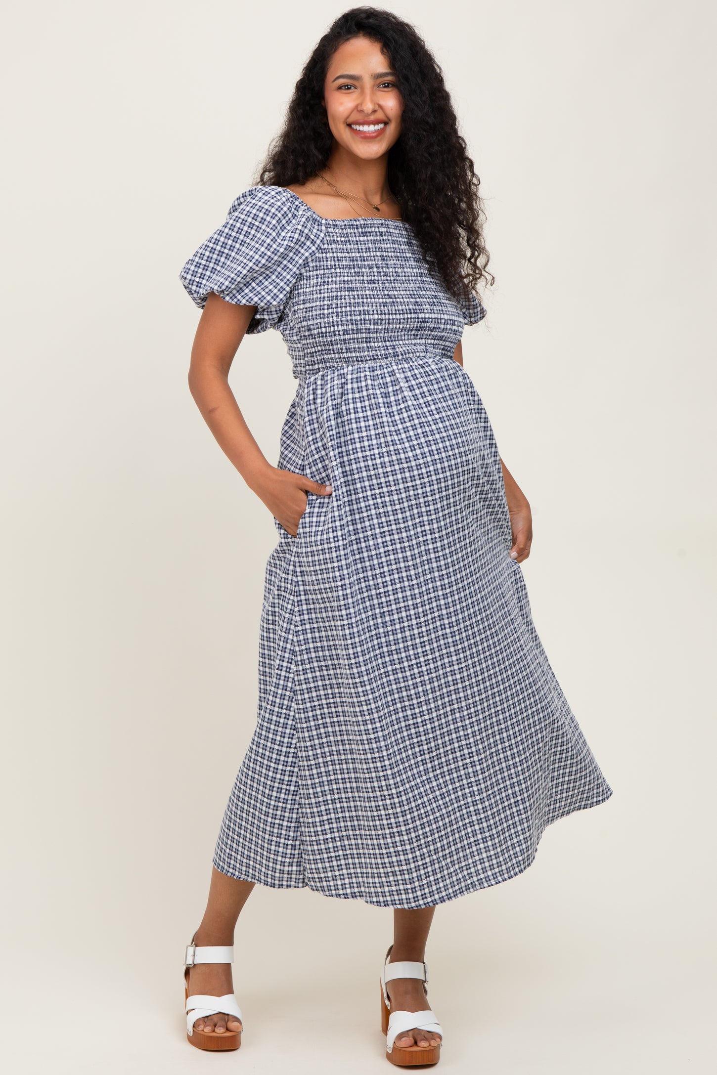 Navy Textured Plaid Pen Back Maternity Midi Dress
