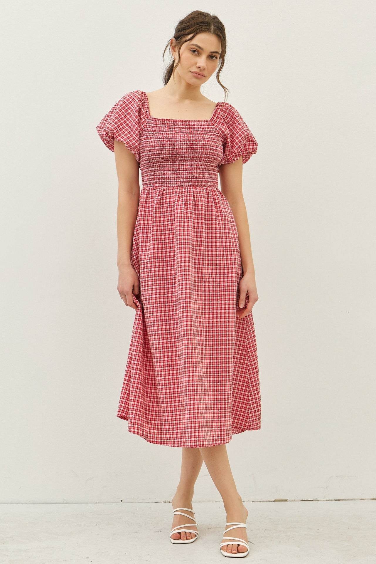 Red Textured Plaid Pen Back Maternity Midi Dress