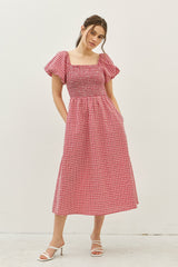 Red Textured Plaid Pen Back Midi Dress